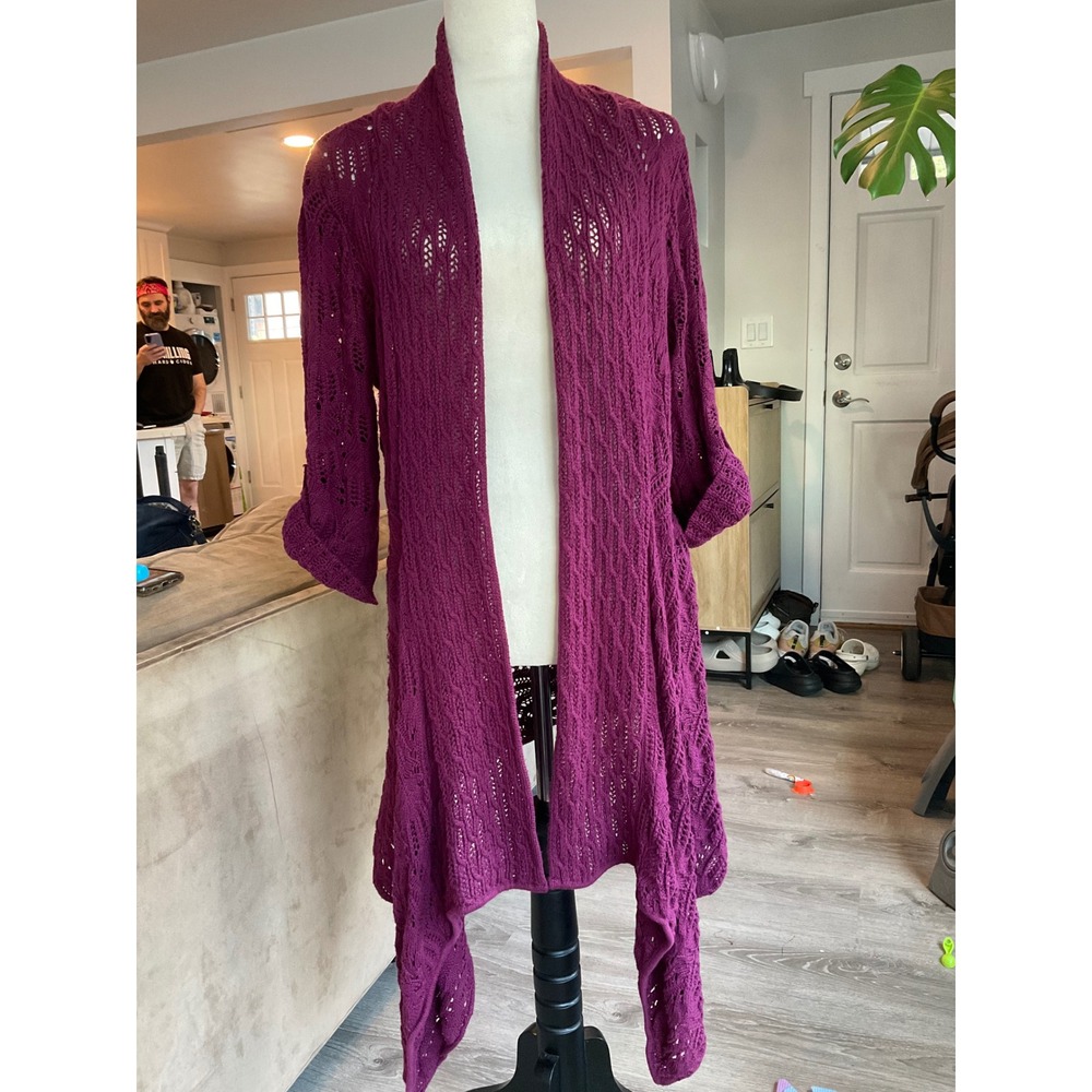 Coldwater Creek Magenta Purple Pointelle Knit Duster Cardigan Open Front Medium